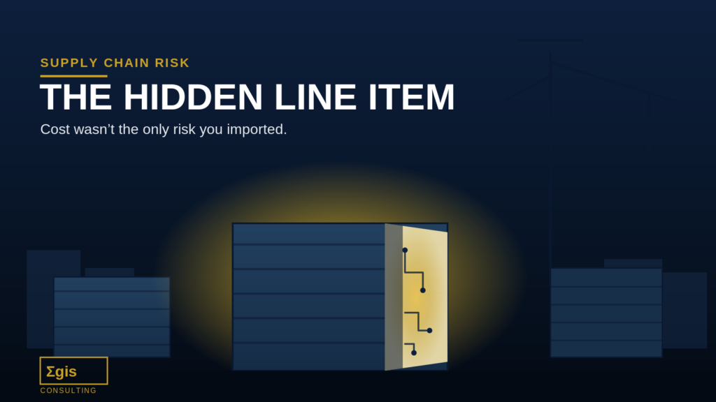 A shipping container cracked open at night, glowing gold, revealing a hidden circuit trace inside — a supply chain risk metaphor.